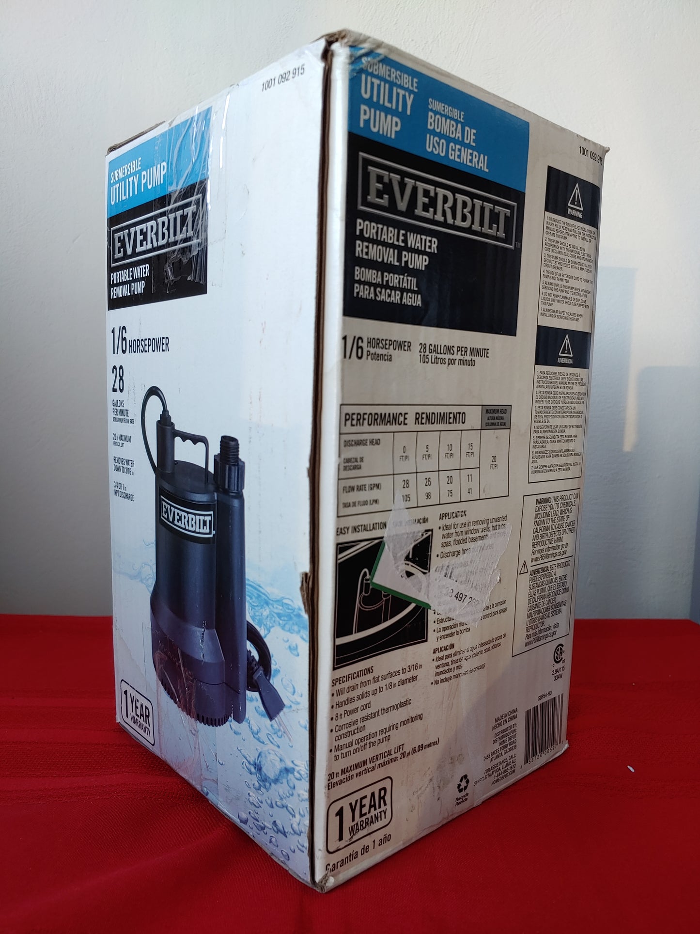 Bomba sumergible portátil de uso general 1/6 HP - Everbilt (Nuevo, caja abierta)