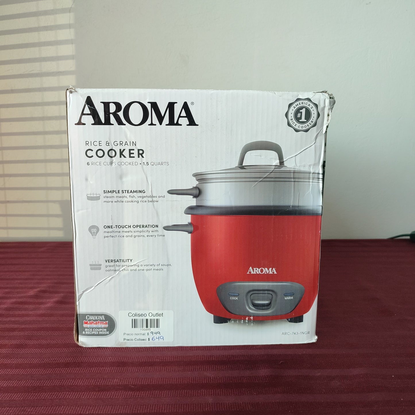 Arrocera y vaporera color rojo de 6 tazas de arroz cocido - Aroma (Nuevo, caja abierta)