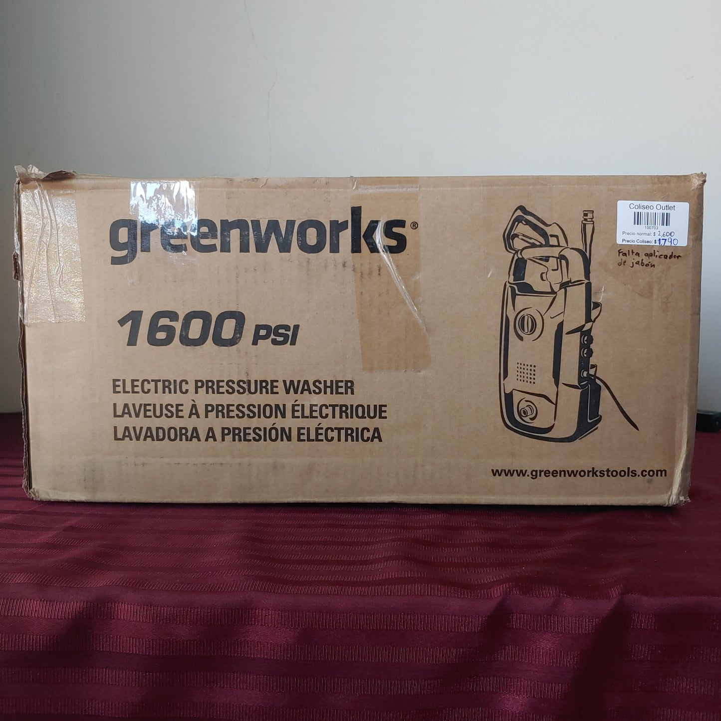 Hidrolavadora de alta presión de 1600 PSI - Greenworks (Nuevo, caja abierta)