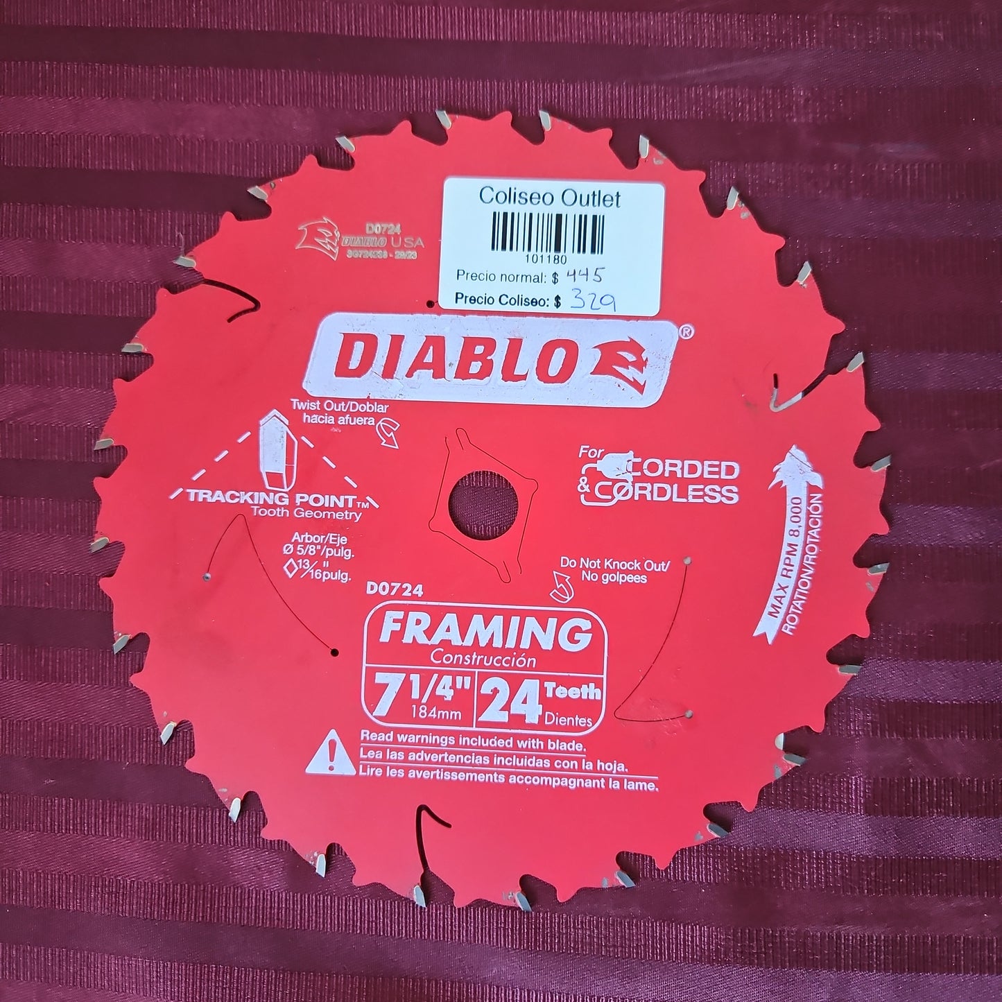 Disco 7 1/4" de corte para madera con 24 dientes para sierra circular - Diablo (Nuevo, sin empaque)