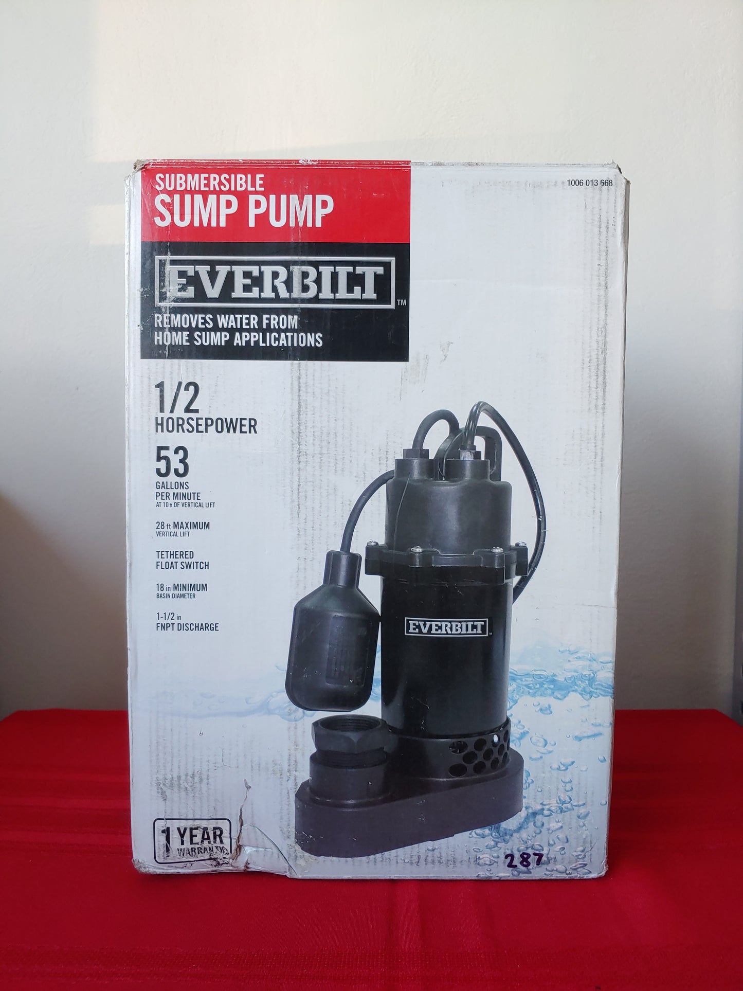 Bomba sumergible con interruptor de flotador 1/2 HP - Everbilt (Nuevo, caja abierta)