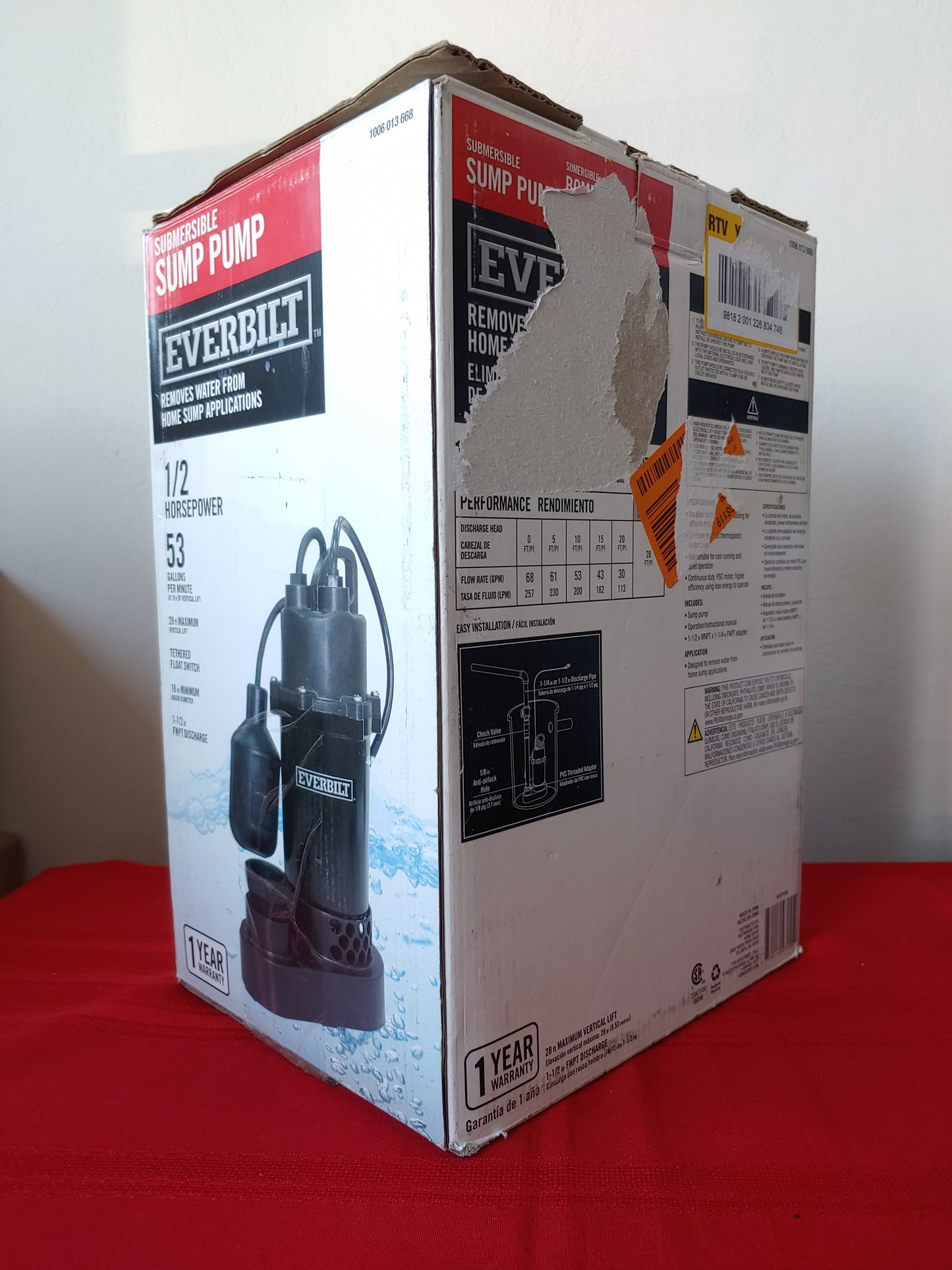 Bomba sumergible con interruptor de flotador 1/2 HP - Everbilt (Nuevo, caja abierta)