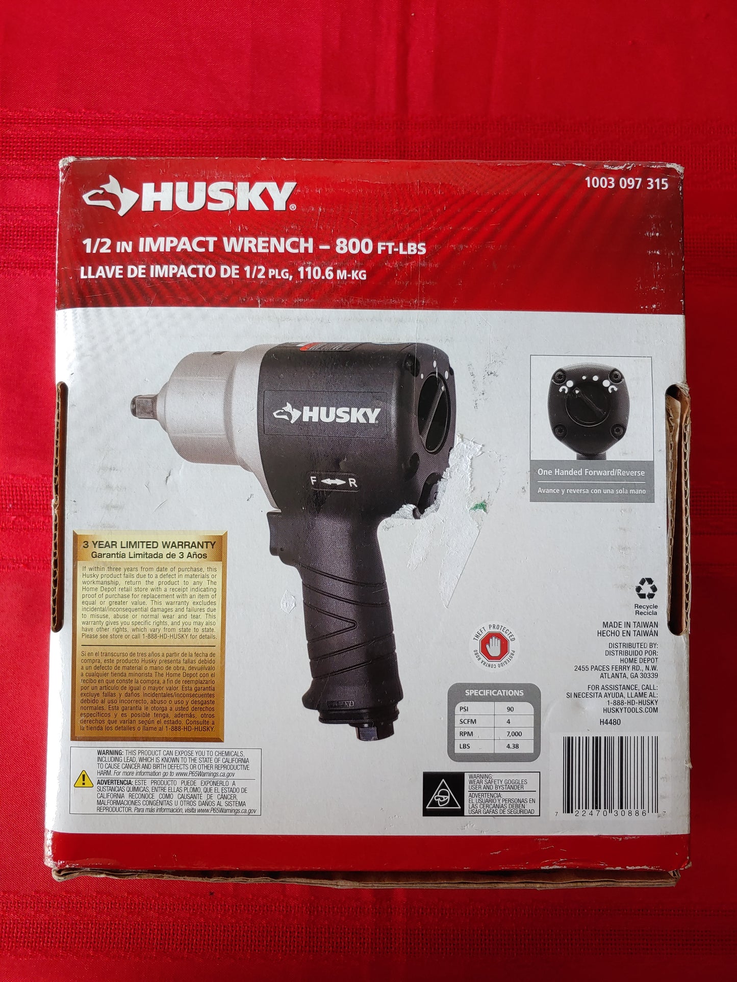 Llave de impacto neumática 1/2", 800 libras/pie - Husky (Nuevo, caja abierta)