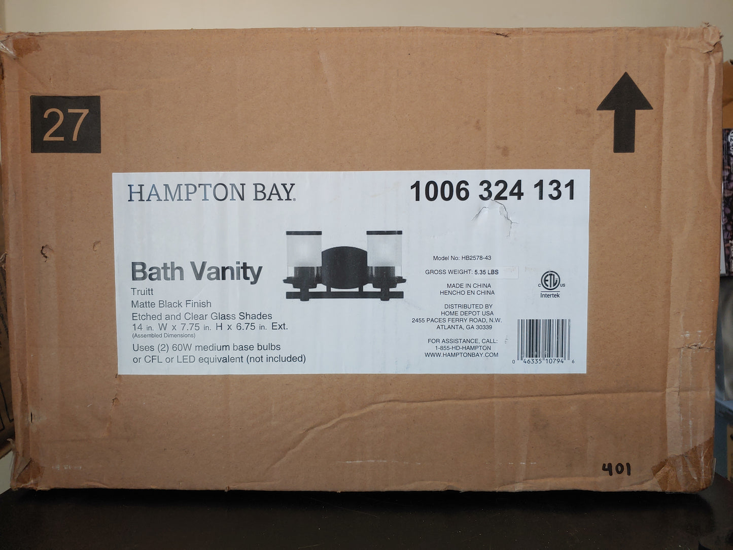 Lámpara de tocador de 2 luces - Hampton Bay Truitt (Nuevo, caja abierta)