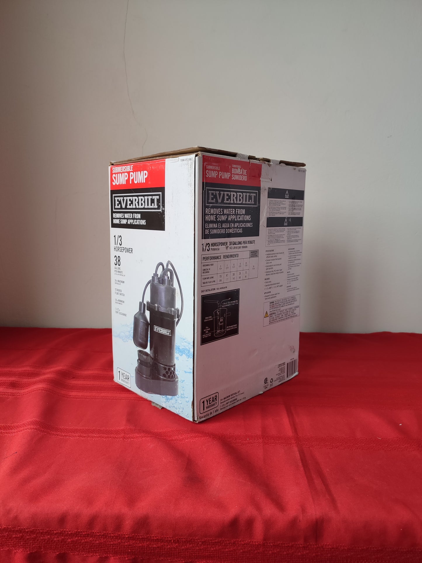 Bomba sumergible con interruptor de flotador 1/3 HP - Everbilt (Nuevo, caja abierta)