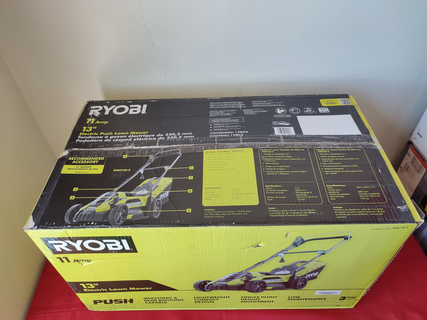 Podadora de césped eléctrica 11 Amp de 13" - RYOBI (un solo uso, caja abierta)
