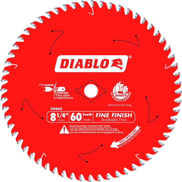 Disco 8 1/4" de corte para acabado fino con 60 dientes para sierra circular - Diablo (Nuevo, empaque abierto)
