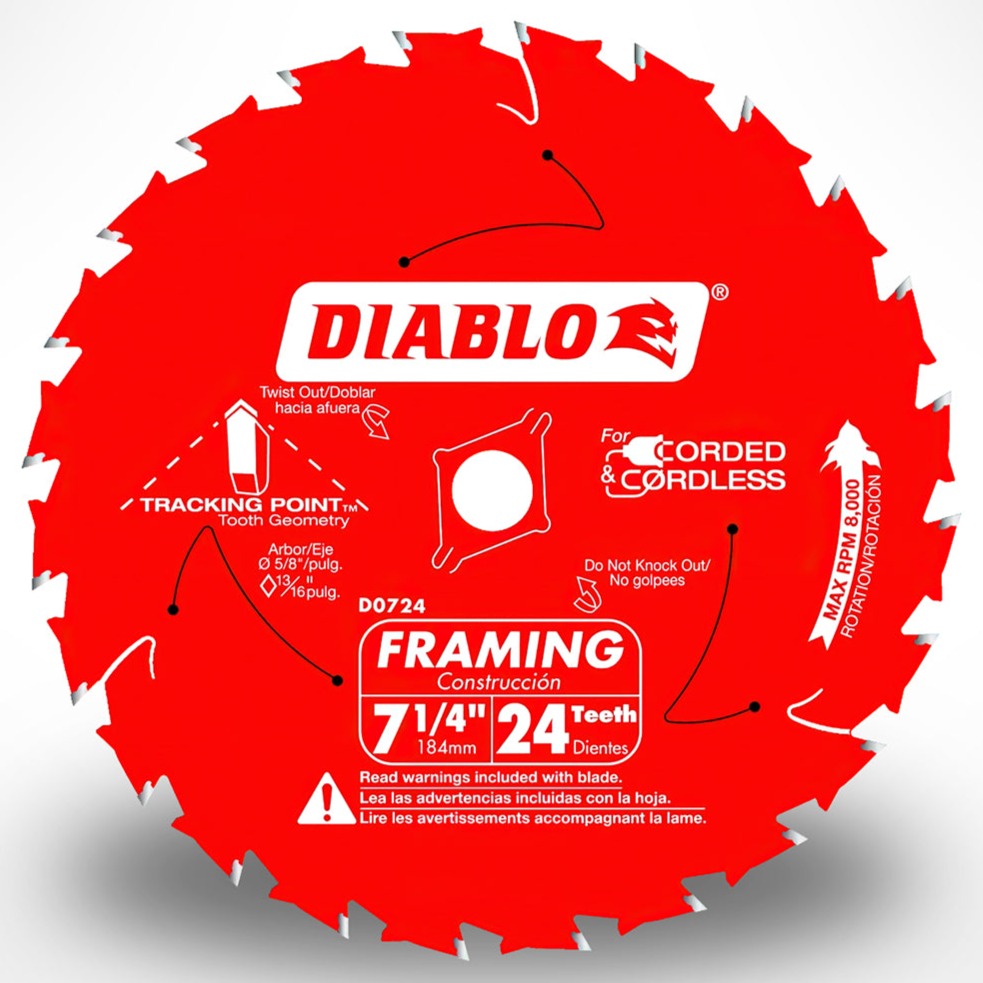 Disco 7 1/4" de corte para madera con 24 dientes para sierra circular - Diablo (Nuevo, sin empaque)