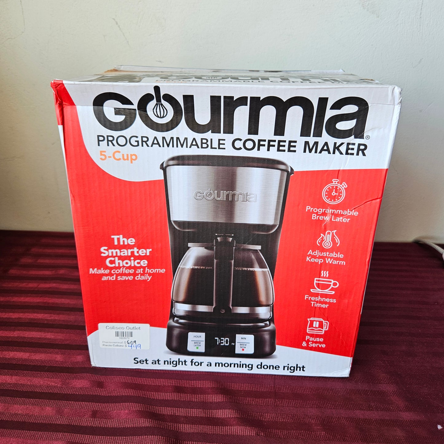 Cafetera de 5 tazas programable - Gourmia (Nuevo, caja abierta)