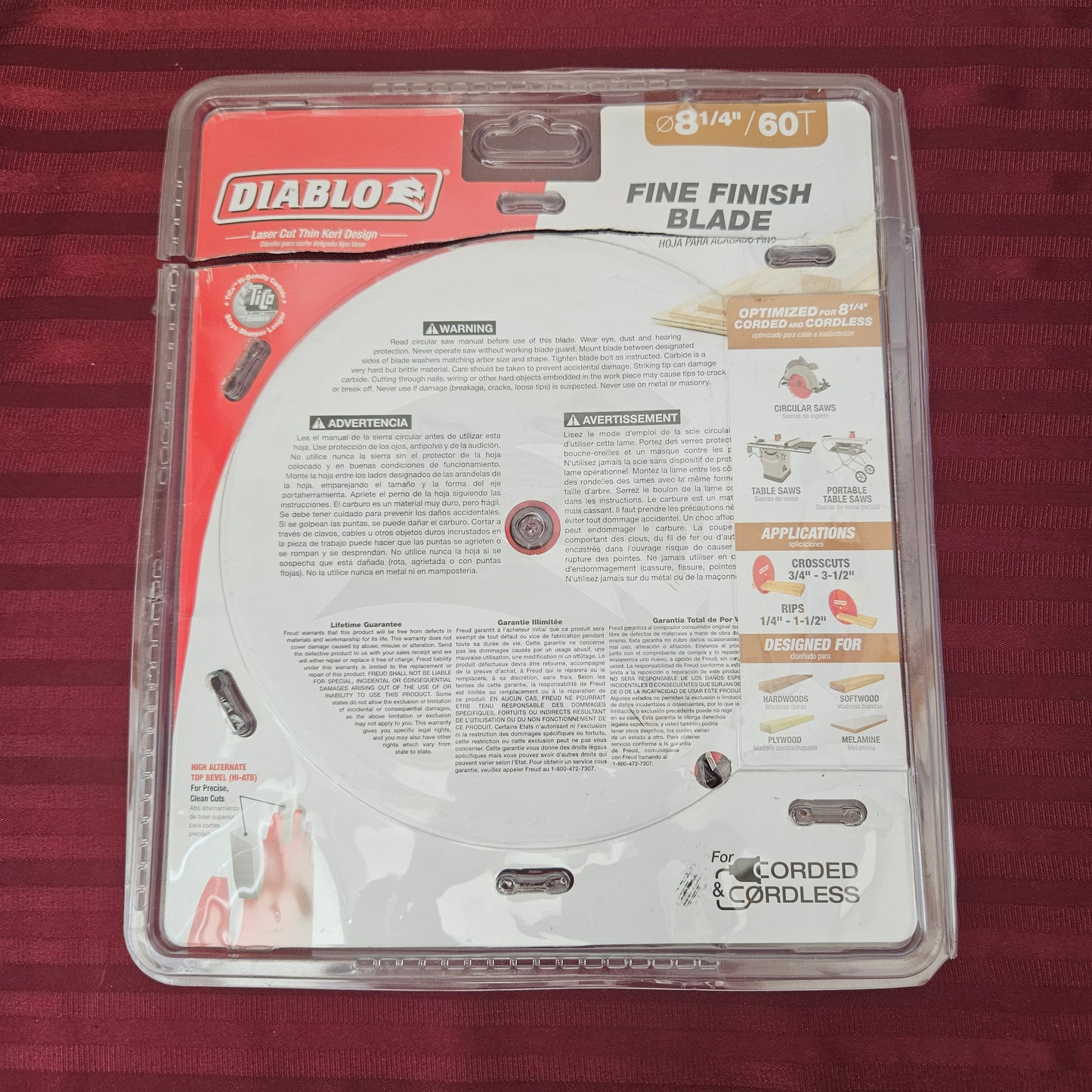 Disco 8 1/4" de corte para acabado fino con 60 dientes para sierra circular - Diablo (Nuevo, empaque abierto)