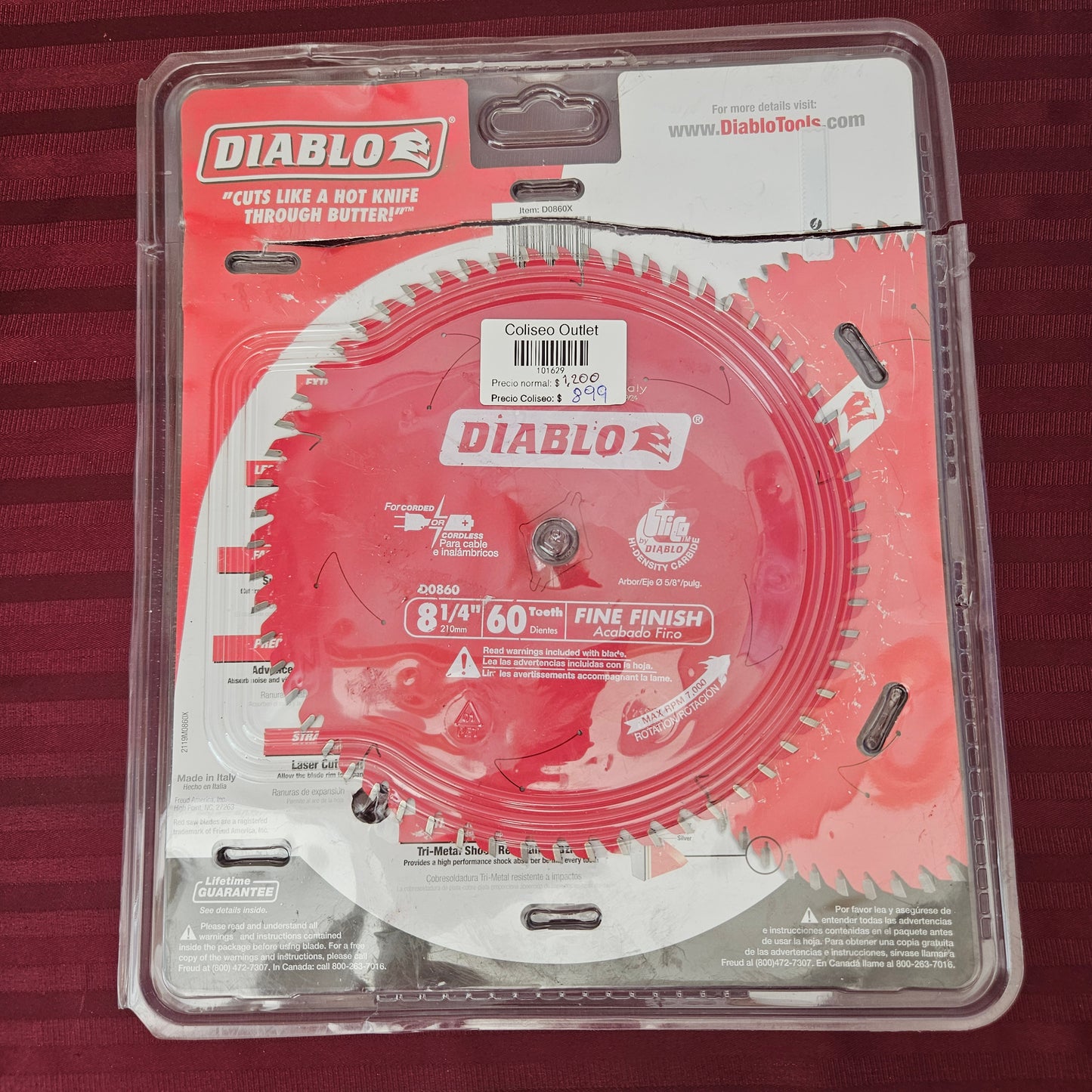 Disco 8 1/4" de corte para acabado fino con 60 dientes para sierra circular - Diablo (Nuevo, empaque abierto)