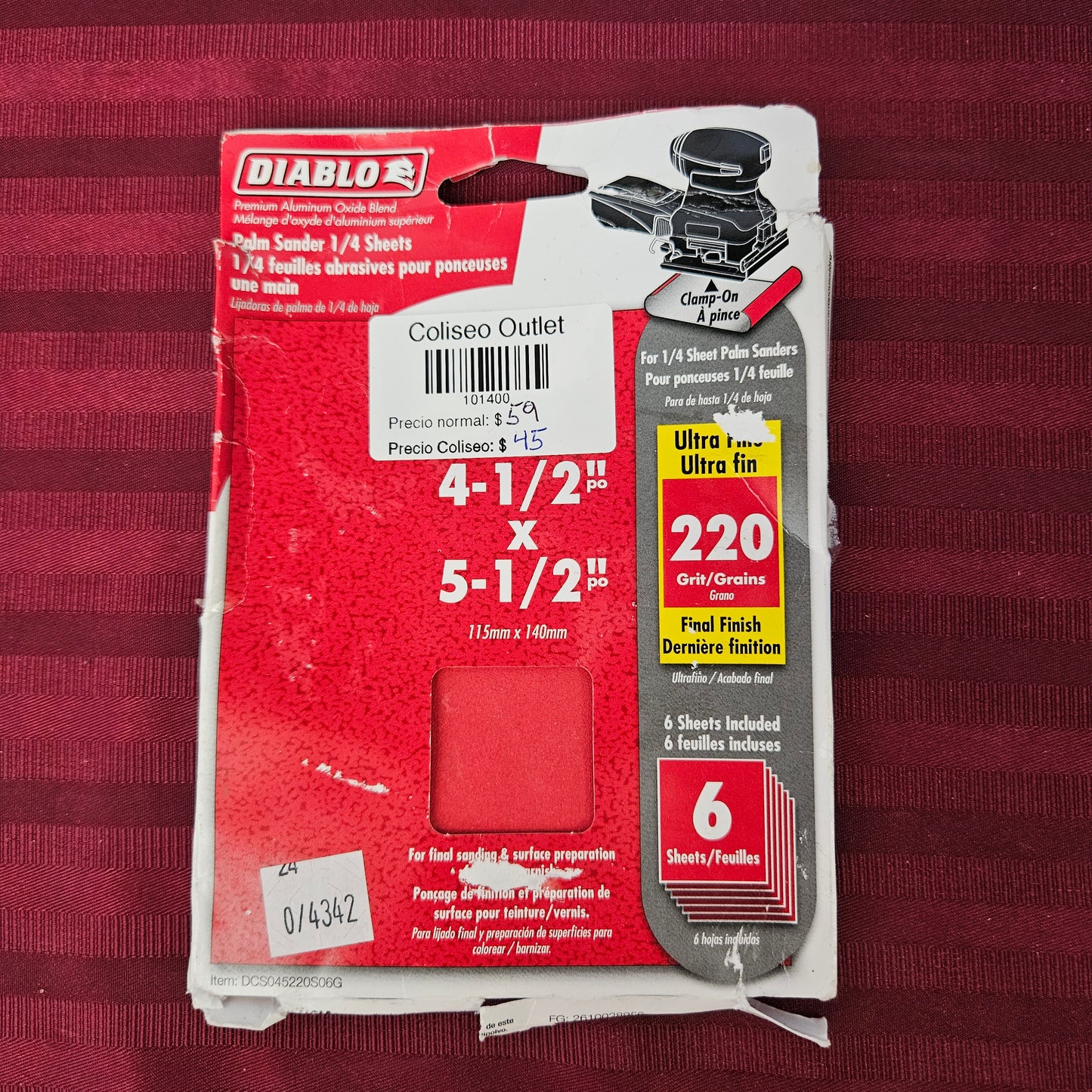 Paquete de 6 lijas para lijadora de mano 4-1/2" x 5-1/2" - Diablo (Nuevo, empaque abierto)