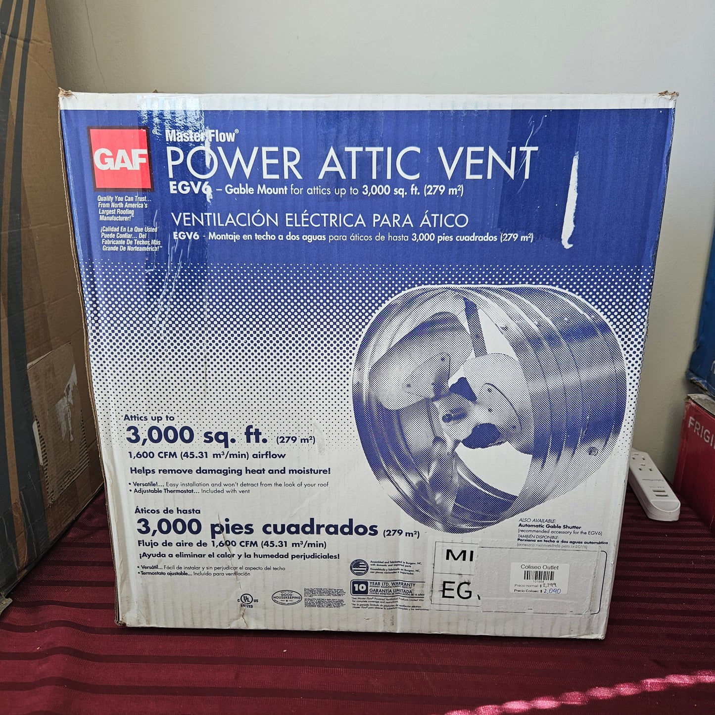 Ventilador/Extractor 1,600 pies cúbicos de 15" - GAF MasterFlow (Nuevo, caja abierta)