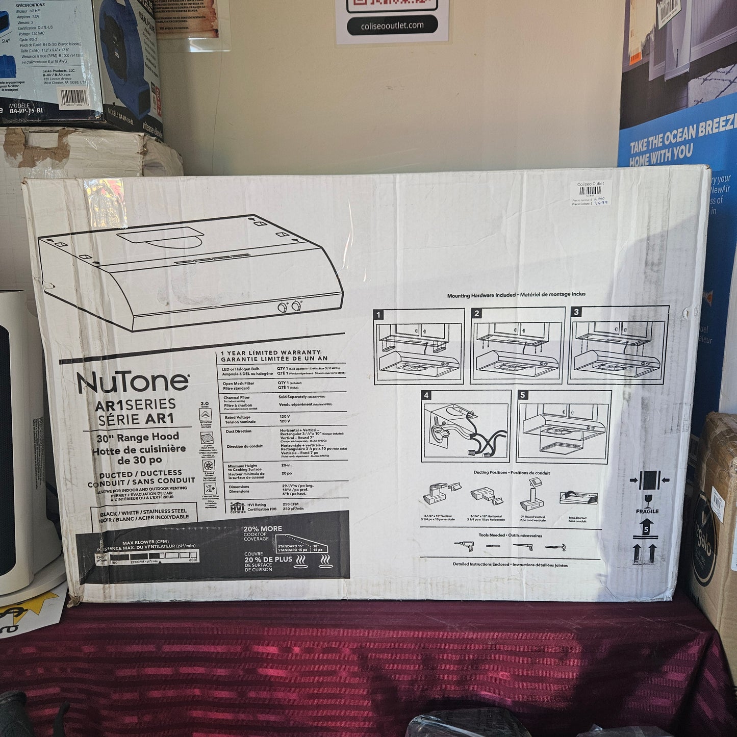 Campana de cocina de 30" convertible con extractor y luz - NuTone AR1 Series (Nuevo, caja abierta)