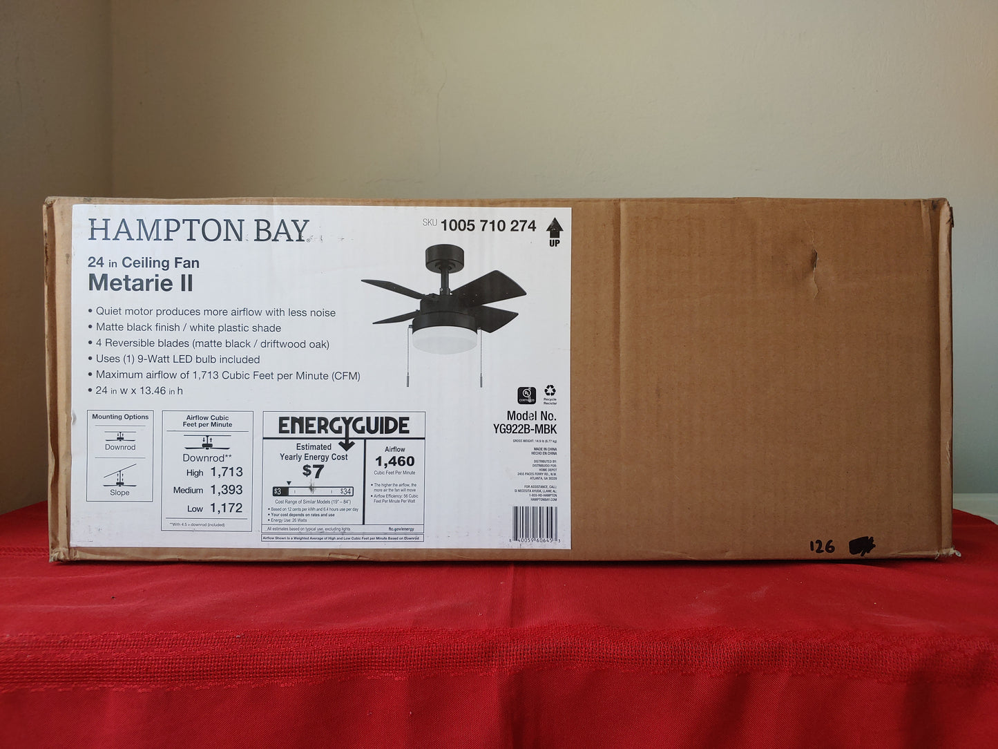 Ventilador de techo de 24" - Hampton Bay Metarie II (Nuevo, caja abierta)