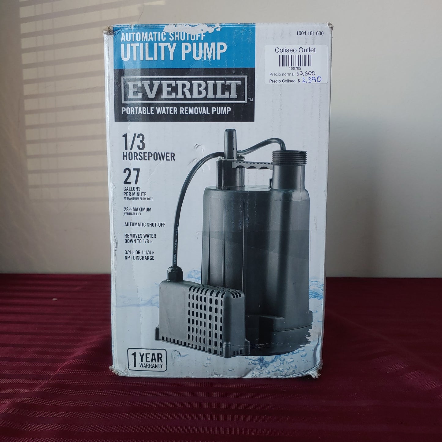 Bomba sumergible portátil de uso general 1/3 HP - Everbilt (Nuevo, caja abierta)