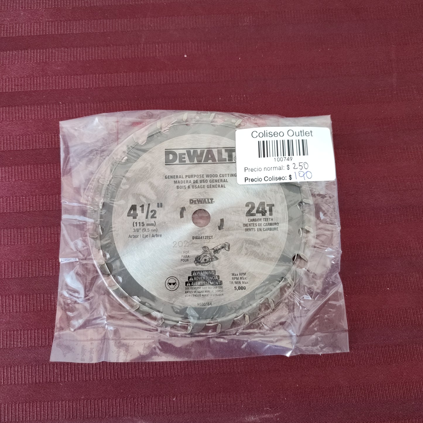 Disco 4 1/2" de corte para madera con 24 dientes para sierra circular - DEWALT (Nuevo, sin empaque)