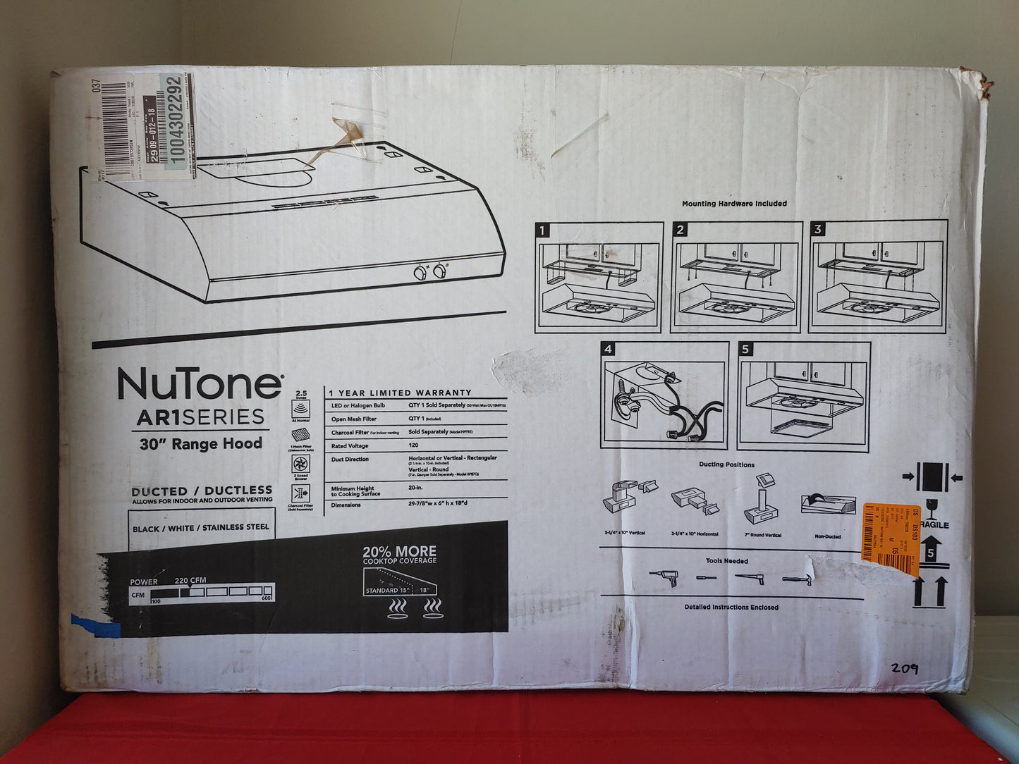 Campana de cocina de 30" convertible con extractor y luz - NuTone AR1 Series (Nuevo, caja abierta)