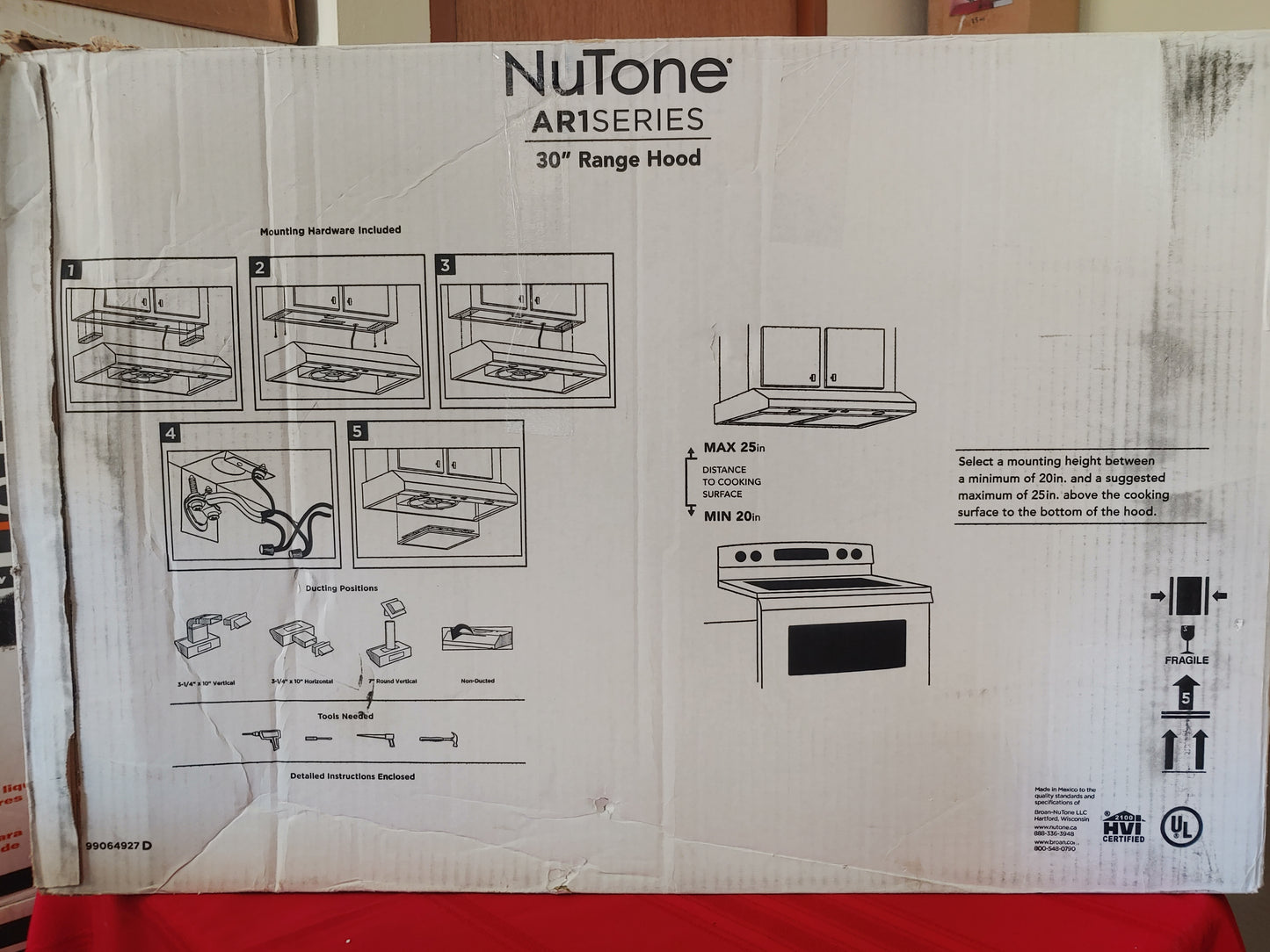 Campana de cocina de 30" convertible con extractor y luz de acero inoxidable - NuTone AR1 Series (Nuevo, caja abierta)