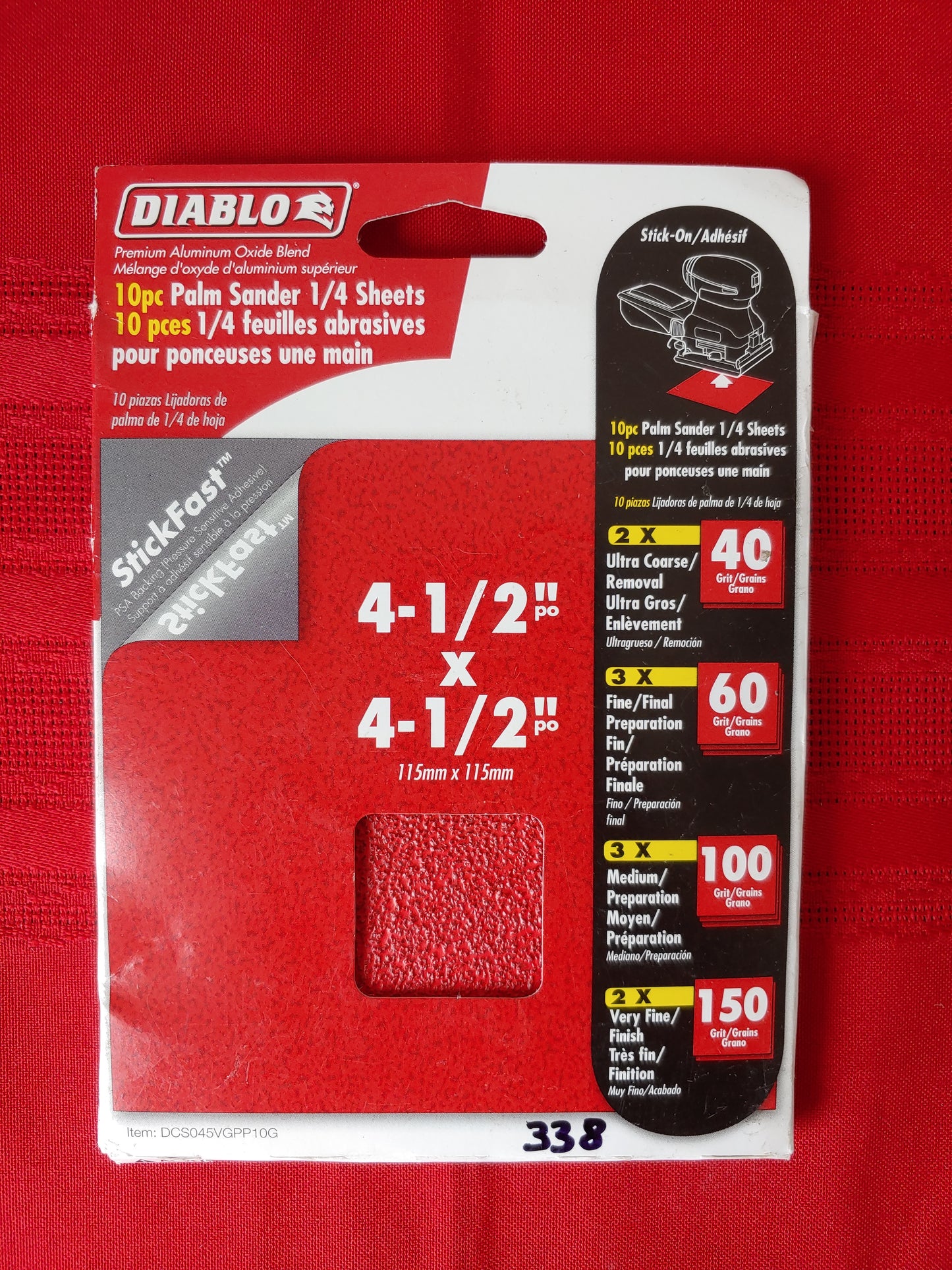 Paquete de 10 lijas para lijadora de mano 4-1/2" x 4-1/2" - Diablo (Nuevo, empaque abierto)