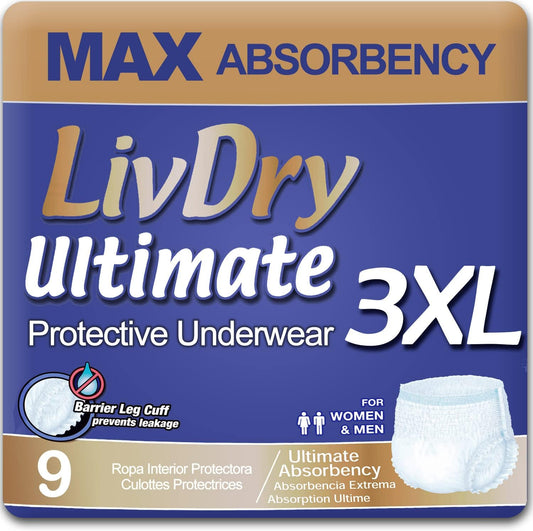 Pañales para adulto de absorción extrema 3XL (9 pañales) - LivDry Ultimate (Nuevo)