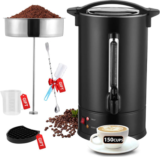 Cafetera eléctrica 150 tazas de acero inoxidable color negro - JIVGDN (Seminuevo, un solo uso)