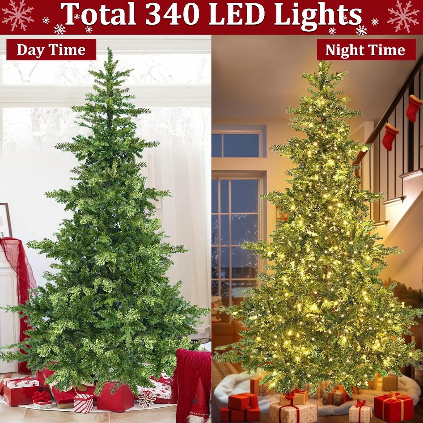 Árbol de navidad de 6 pies con 340 luces LED integradas - TURNMEON (Nuevo, caja abierta)