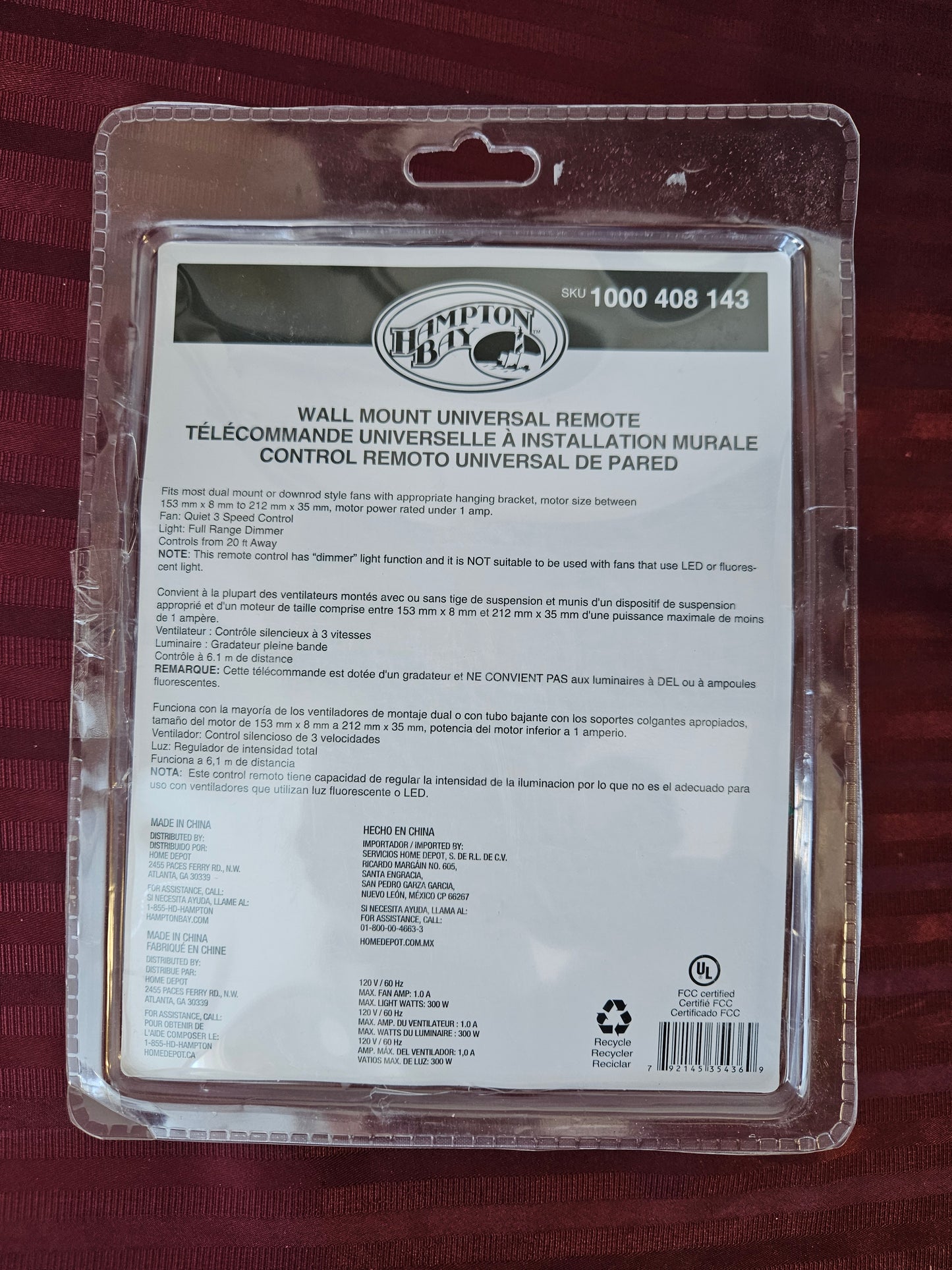 Control remoto universal de pared para ventilador de techo de 3 velocidades - Hampton Bay (Nuevo, empaque abierto)