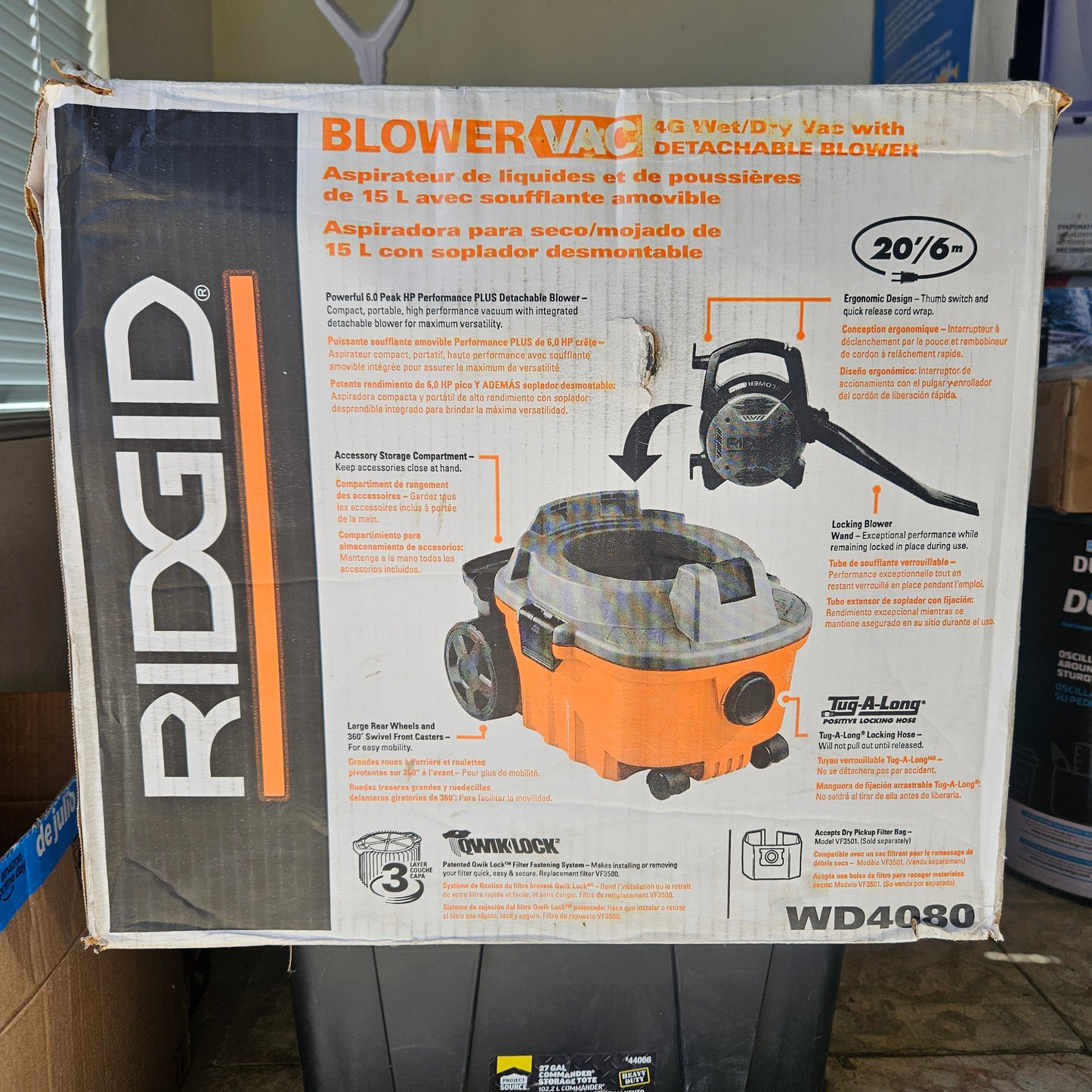 Aspiradora y sopladora (2 en 1) para seco/mojado 6 HP de 15 litros - Ridgid (Nuevo, caja abierta)