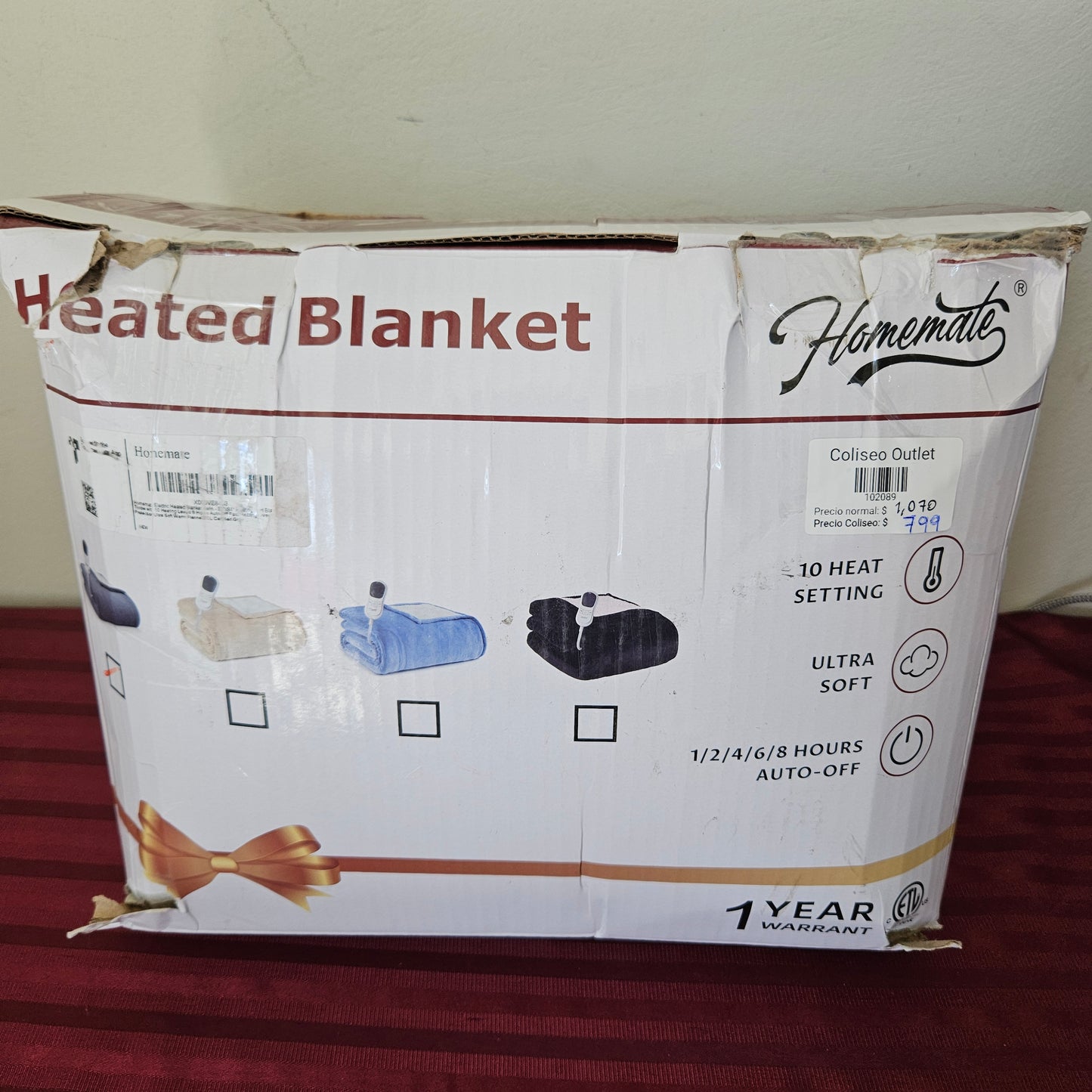 Manta térmica eléctrica color gris (62" x 84") - Homemate (Nuevo, caja abierta)
